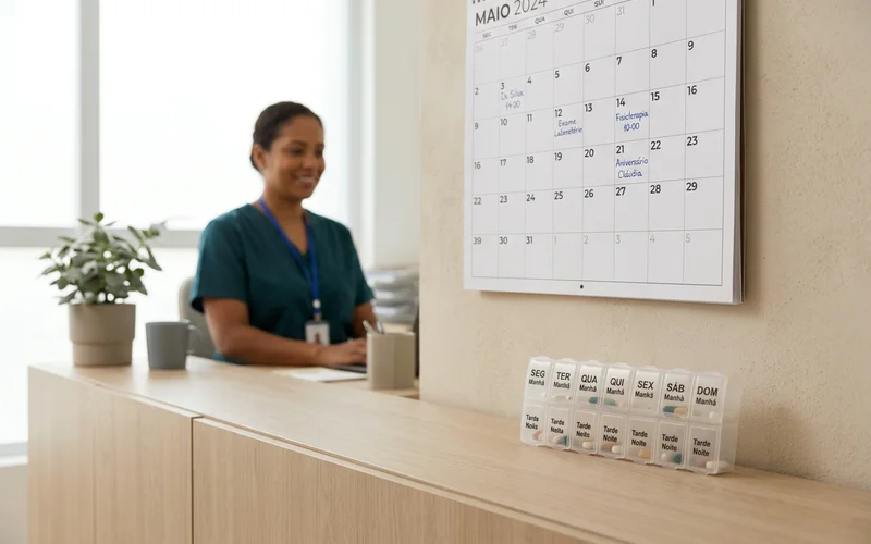 Calendário e organizador de medicação usados como apoio na rotina