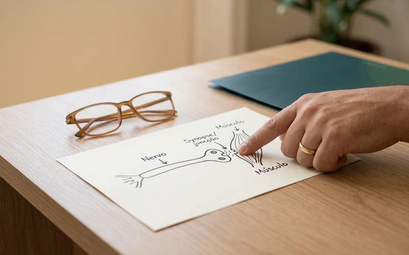 Esquema simples de nervo, junção e músculo desenhado durante a consulta