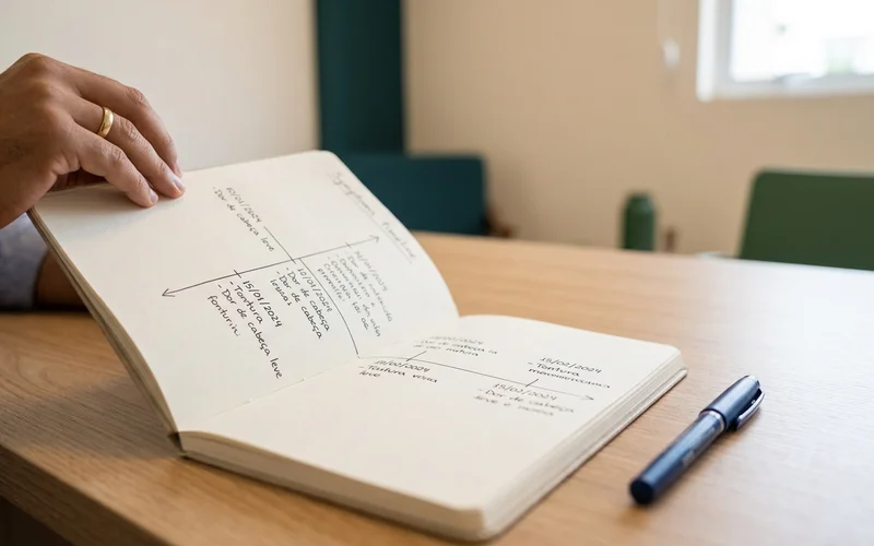 Linha do tempo dos sintomas desenhada à mão em caderno