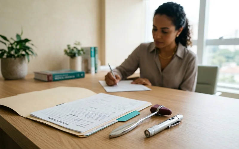 Instrumentos do exame neurológico sobre a mesa do consultório
