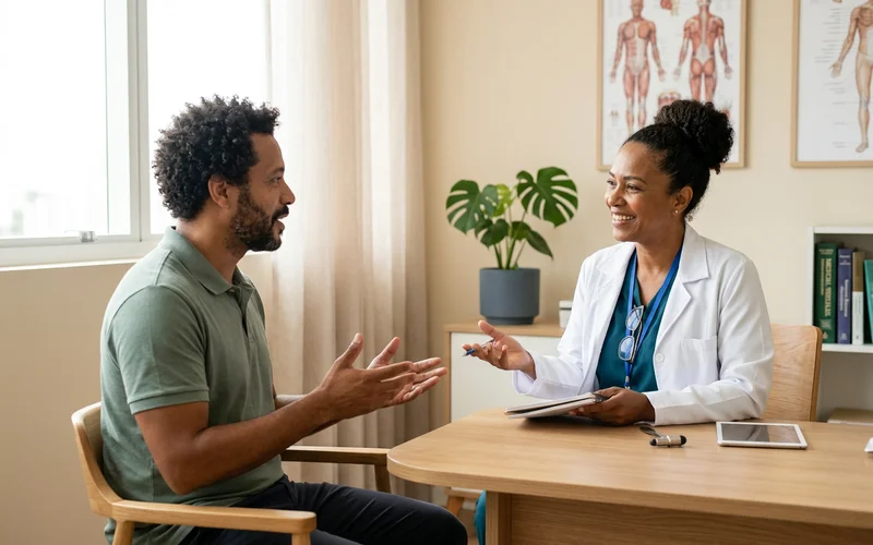 Conversa atenta entre médico e paciente no consultório