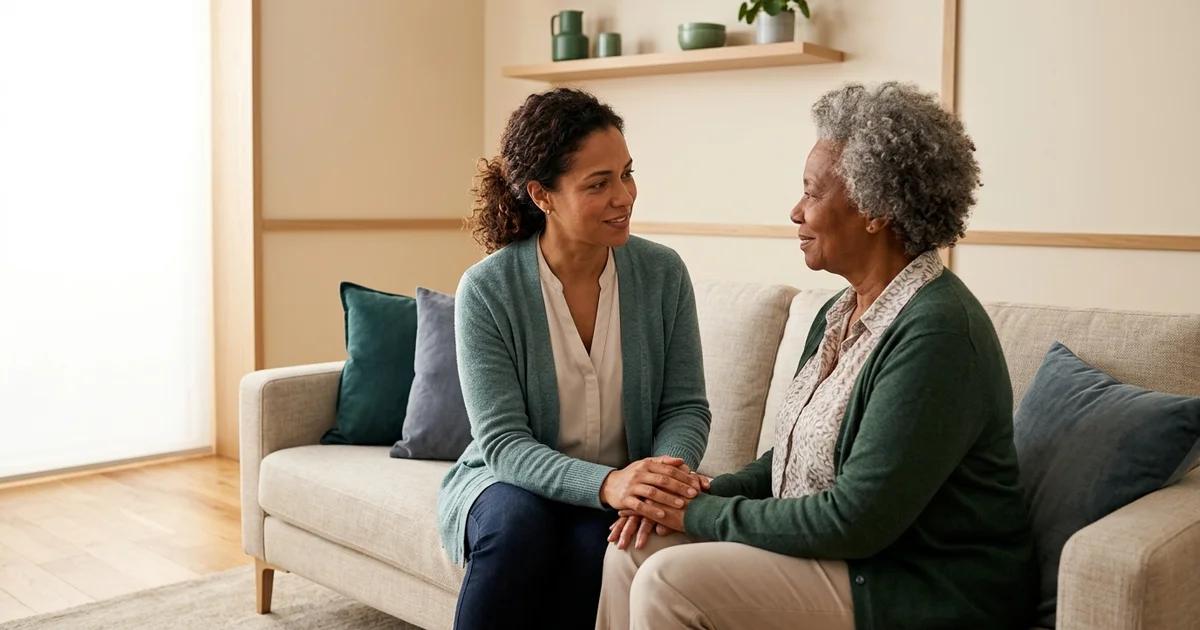 Filha adulta e mãe idosa conversando em sala clara sobre mudanças percebidas