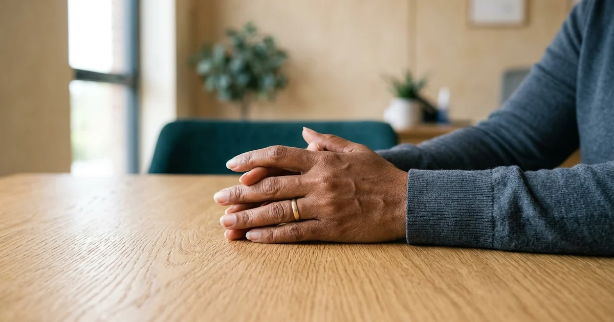 Mãos em repouso sobre a mesa, posição em que o tremor de repouso aparece