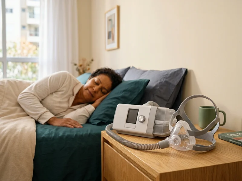 Aparelho de CPAP posicionado ao lado da cama