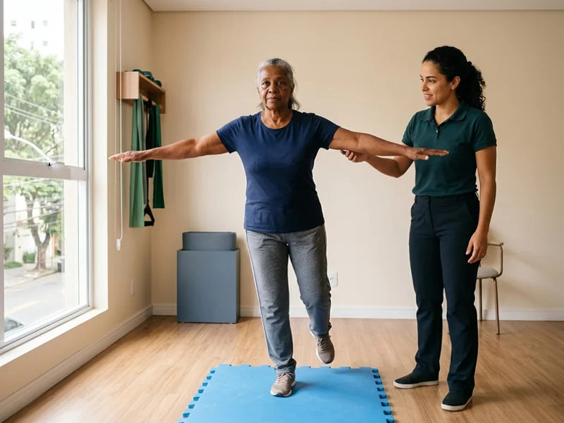 Exercício de equilíbrio supervisionado por fisioterapeuta