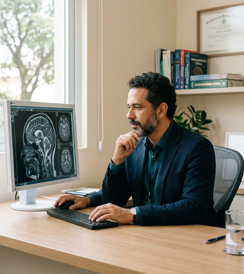 Neurologista analisando imagens de ressonância magnética no consultório