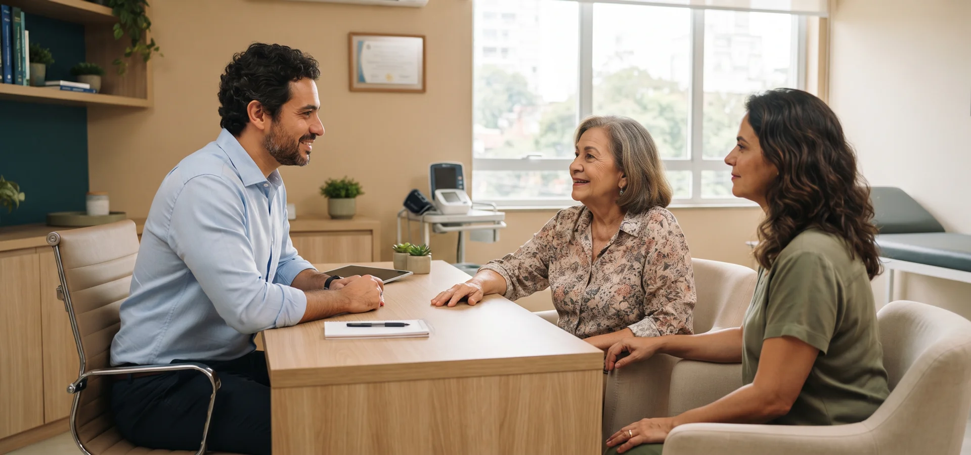 Consulta de avaliação cognitiva com paciente e acompanhante no consultório