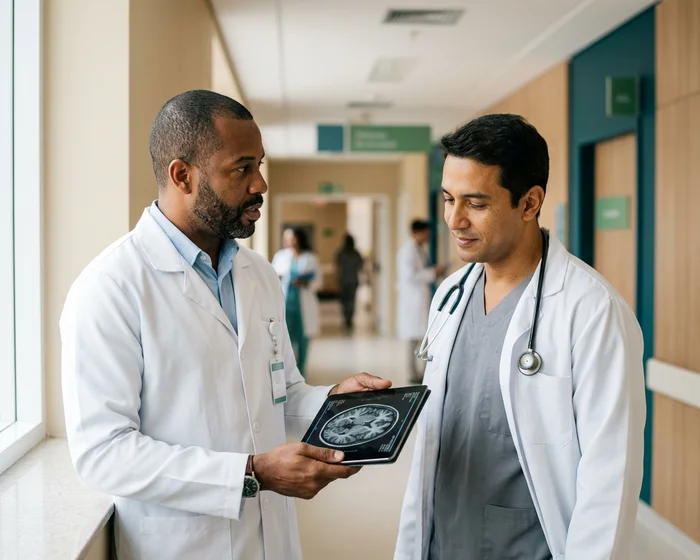 Discussão técnica de exame de imagem em ambiente hospitalar