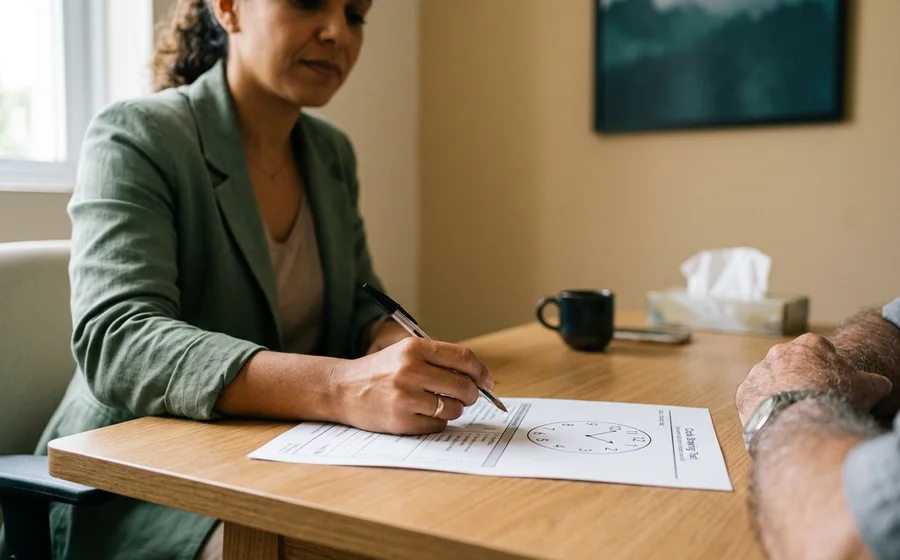 Material de avaliação cognitiva estruturada sobre a mesa do consultório