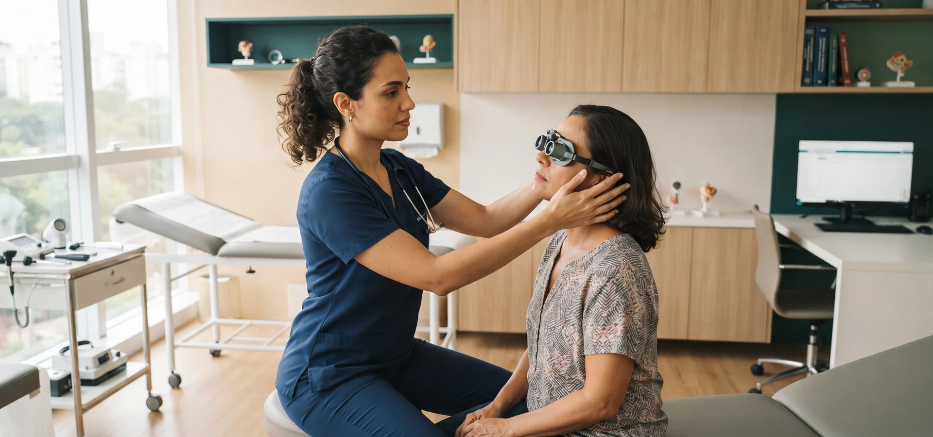 Avaliação vestibular e neurológica durante consulta por tontura