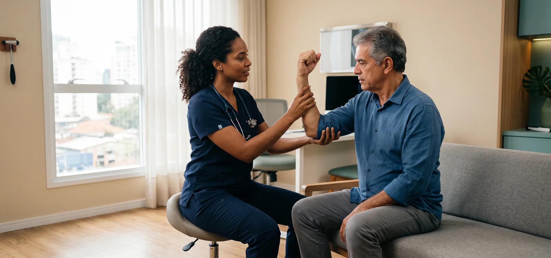 Exame de força muscular durante avaliação neuromuscular no consultório