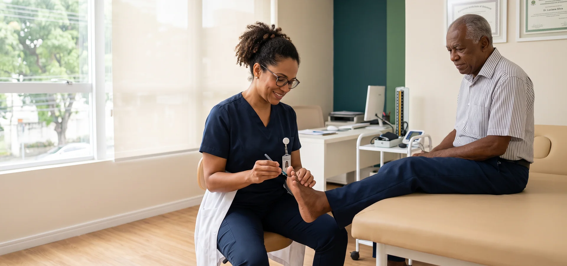 Teste de sensibilidade nos pés durante avaliação de neuropatia periférica