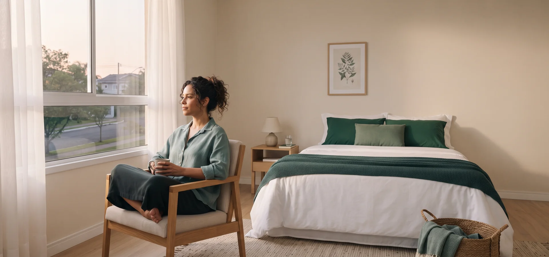 Quarto silencioso ao amanhecer, ambiente de sono reparador
