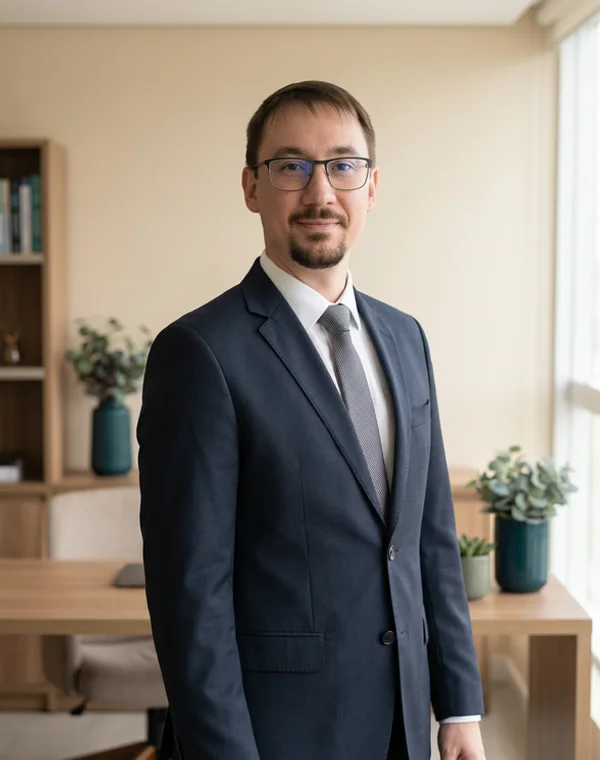 Dr. Lucas Michielon, médico neurologista, em retrato editorial no consultório da Vila Mariana